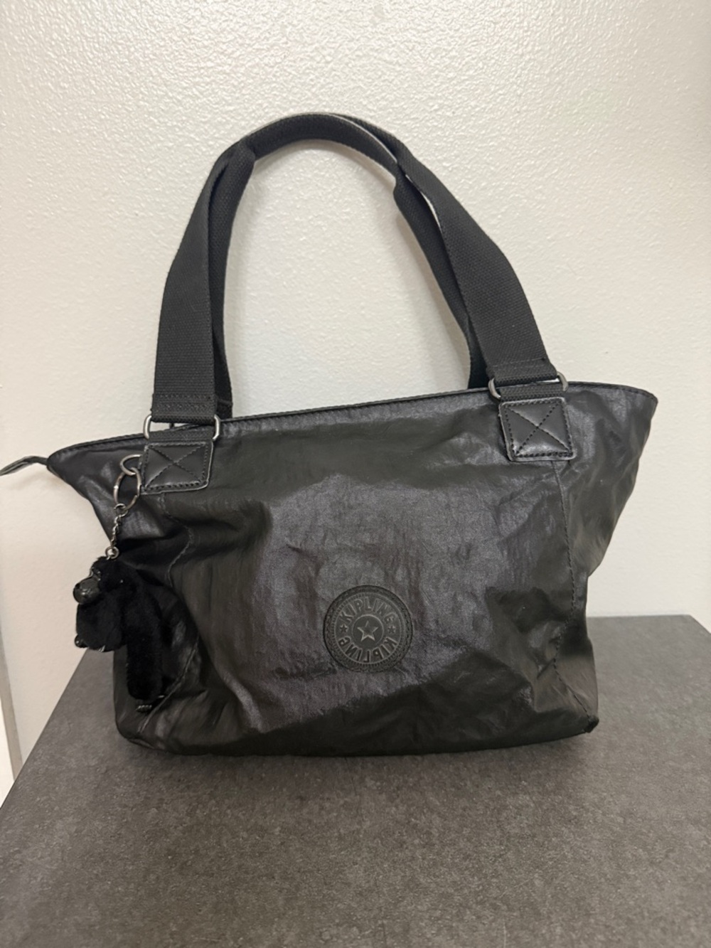 Preloved Kipling Black Nylon Tote with Charm Accent